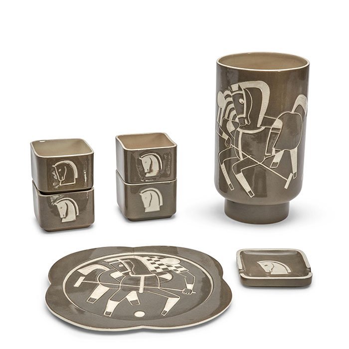 SEVEN WAYLANDE GREGORY (1905-1971) CERAMICS WITH POLO PLAYERS AND HORSES