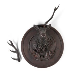 CARVED WOODEN DEER HEAD ON CARVED WALL PLAQUEI