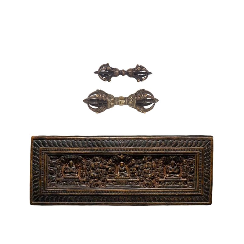 Indian carved wood panel and bronze ritual tools